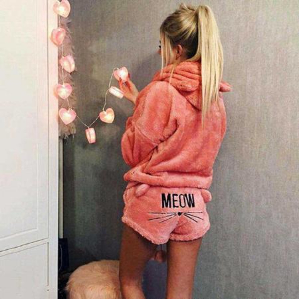 Two piece cute cat Meow Hoodie and Shorts